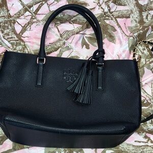 Tory Burch Black Pebbled Leather Tassel Tote